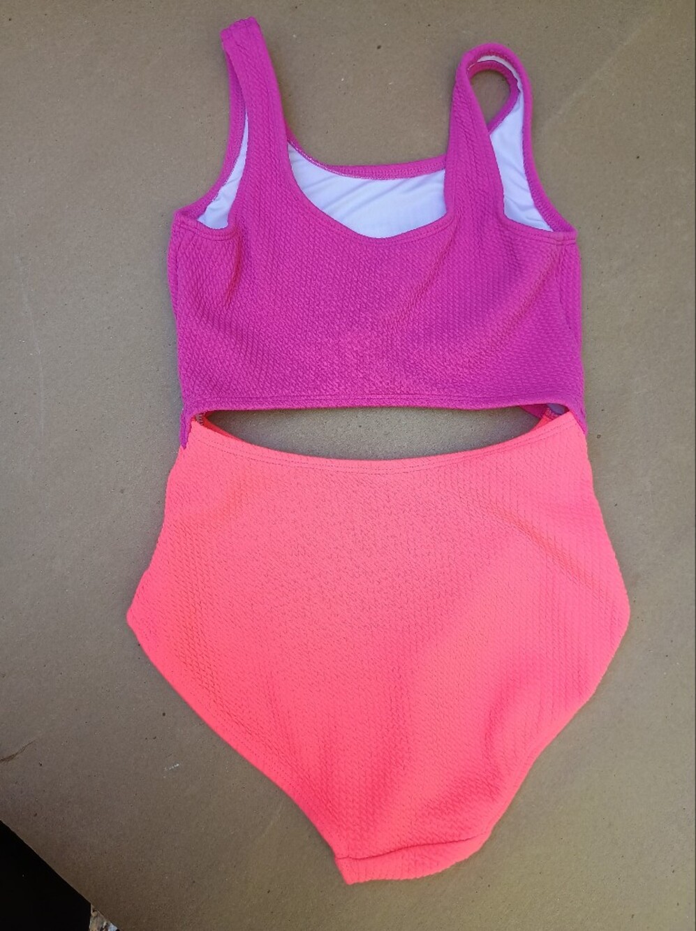 Old Navy Girls 10/12 Bright Pink and Neon Coral Textured Cutout Swimsuit - Picture 2 of 3